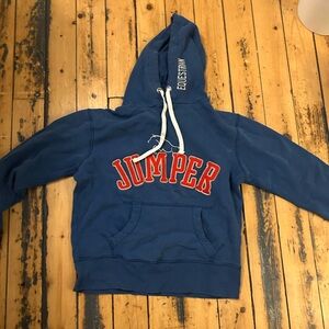 Blue Jumper Hoodie with Red Lettering